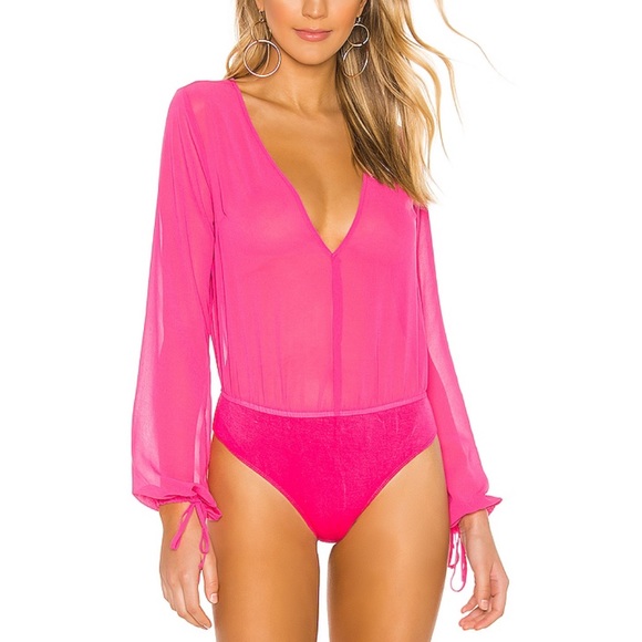 Superdown Celene Sheer Hot Pink Deep V-Neck Bodysuit Wrist Ties Dopamine Look - Picture 14 of 15